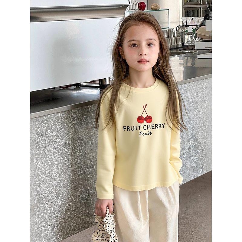 Trendy Children's Clothing Korean Style Long-Sleeve T-Shirt for Older Kids, Autumn Girls' Pure Cotton Base Shirt with Cherry Print Ins