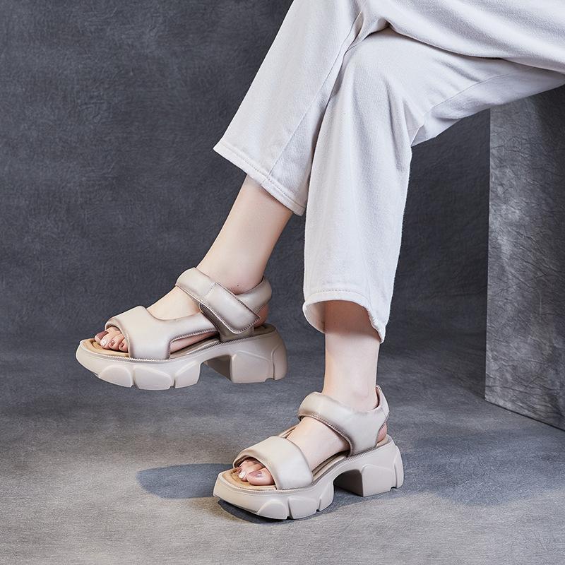 Fashion 6CM Top Layer Cowhide Square Head Open Toe Sandals Platform Elevator Shoes High Heel Sandals 2025 Summer Women Sandals Tide