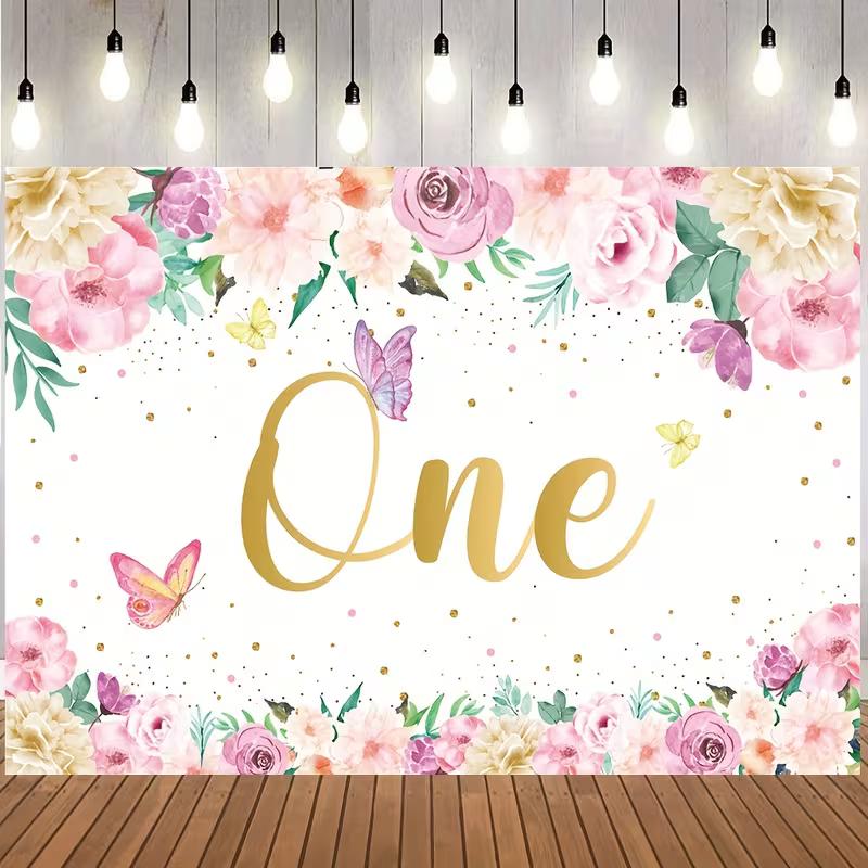 

2D Watercolor Pink Floral One Backdrop Roses with Butterflies 1st Birthday Party Background 47.2x31.5inch/120*80cm