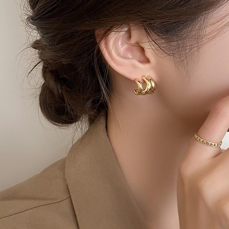 Trendy Metal Three-Ring Stud Earrings for Women - Unique Light Luxury Design