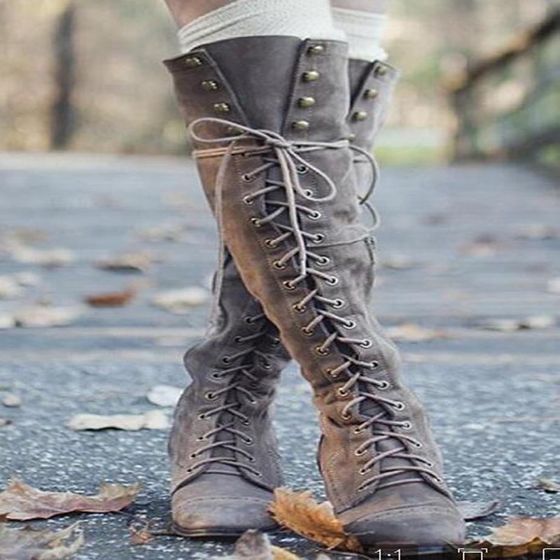 Elegant Womens Over The Knee Lace Up Bandage Thigh High Combat Low Heel Boots Flat Shoes For All-day Comfort