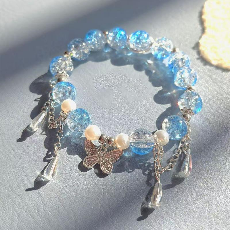 Korean Ins Pink Crystal Butterfly Pendant Beaded Bracelet For Women Girls Sweet Beaded Chain Bracelet Jewelry Gifts