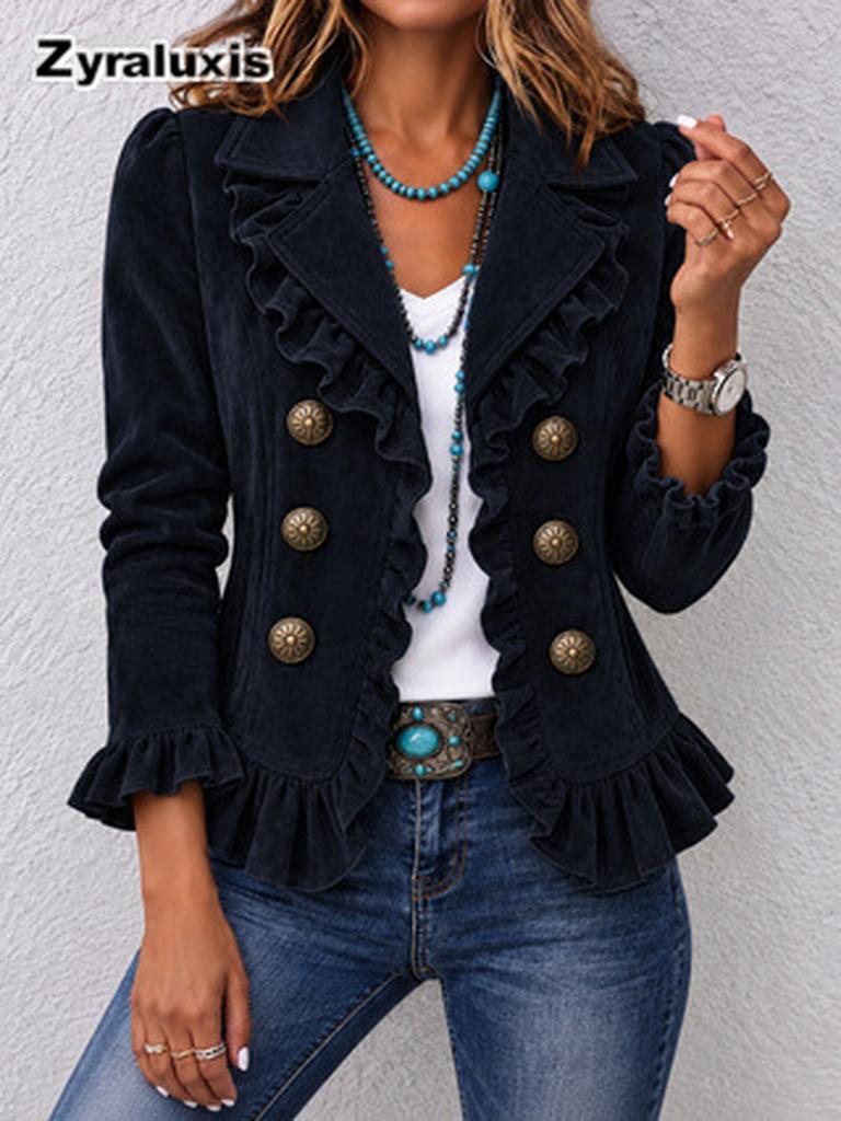 Blazer da Donna in Velluto con Risvolti e Chiusura a Bottoni per Abbigliamento Formale Autunno Inverno
