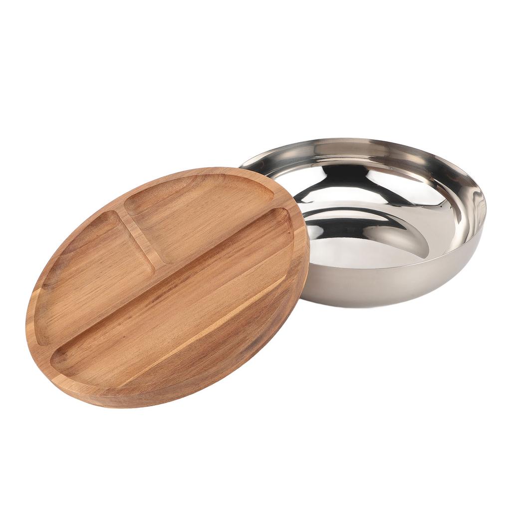 Stainless Steel Salad Bowls with Wood Lids Large Capacity Multifunctional Thickened Round Salad