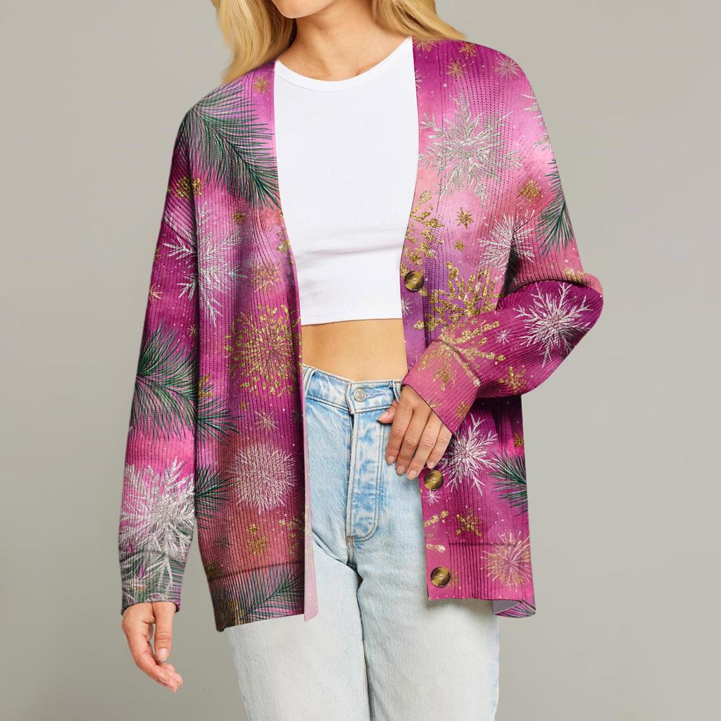 Women's Fashion Long Sleeve Print V-Neck Button Loose Cardigan Top