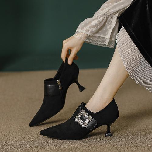 Fashion Women Vulcanized Shoes High Heels Pointed Toe Diamond Buckle Stiletto Heel 2025 New French Style Spring Autumn Women Shoes