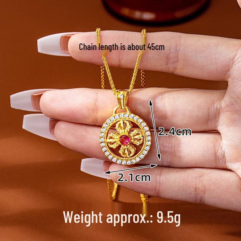 Diamond-Studded Vajra Cross Disc Pendant Women's Gold Necklace - Retro, Long-Lasting, Non-Fading Jewelry