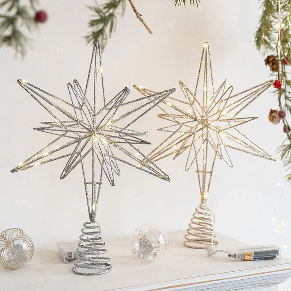 Star Tree Topper Ornament 30cm with LED String Lights for Christmas New Year Festival Party Home Decoration