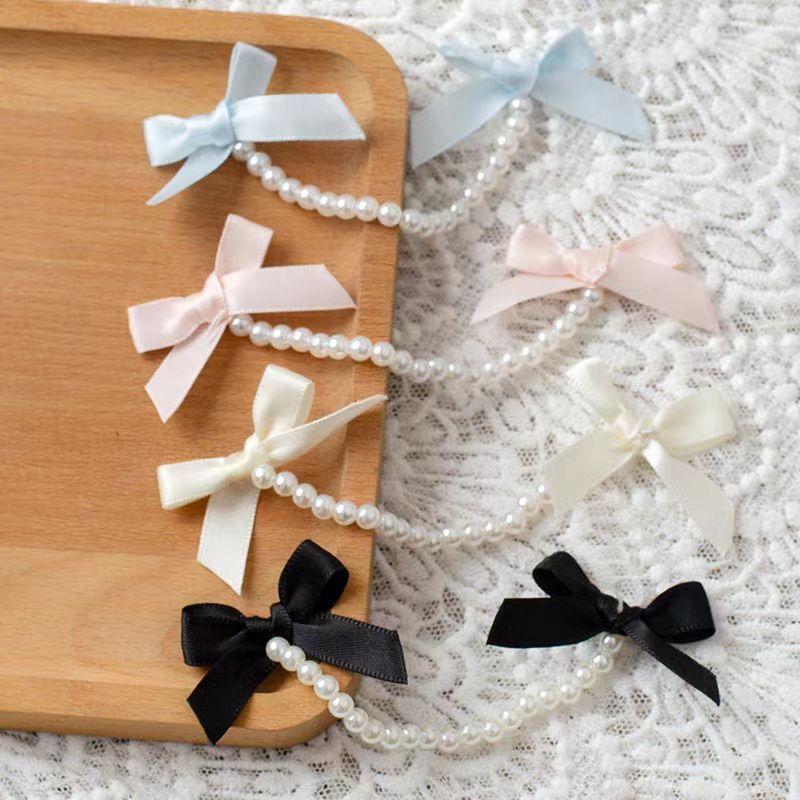 2Pcs Bows Pearl Chain Patch Accessories long streamers Ribbon DIY Lolita Dresses Clothing Accessories