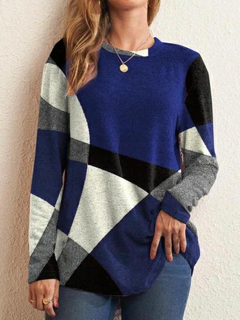 Women's Round Neck Long Sleeve Tunic Top Oversized Fit Urban Geometric Color Block Print Side Button Casual Polyester Blouse