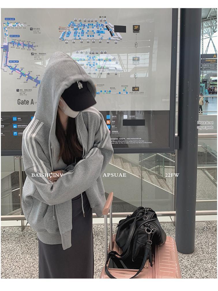 Cárdigan Sudadera Oversize Azul para Mujer, Estilo Coreano 2025, Diseño de Hombro Recto, Corte Holgado, Perfecto para Primavera y Otoño.