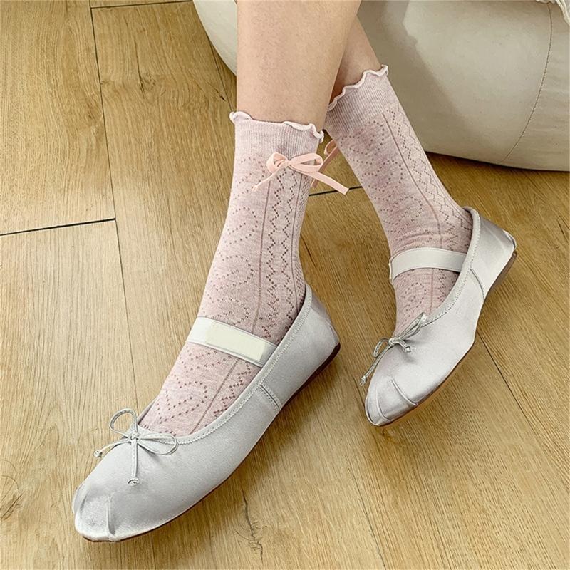 Women's Japanese Sweet Bowknot Accent Crew Socks Elegant Students Hollowout Heart Pattern Ruffle Top Middle Calf Socks