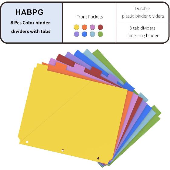 HABGP 8 Tab Dividers for 3 Ring Binder with Front Pocket, 8 Pcs Multicolor 3 Ring Binder Dividers with Tabs, Page Folder Plastic Tabbed File Dividers