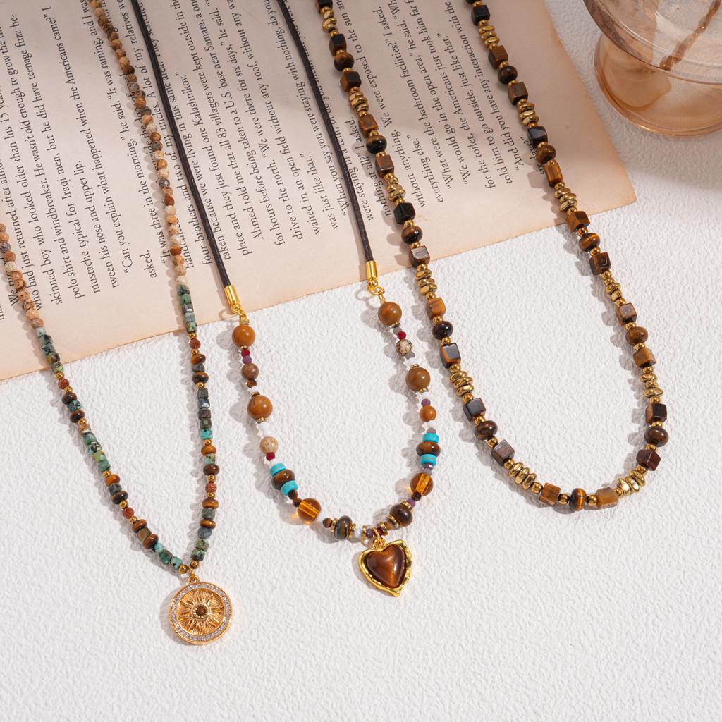 Tiger's Eye Beaded Love Mangstar Geometric Pendant Sweater Chain Maillard Wind Necklace