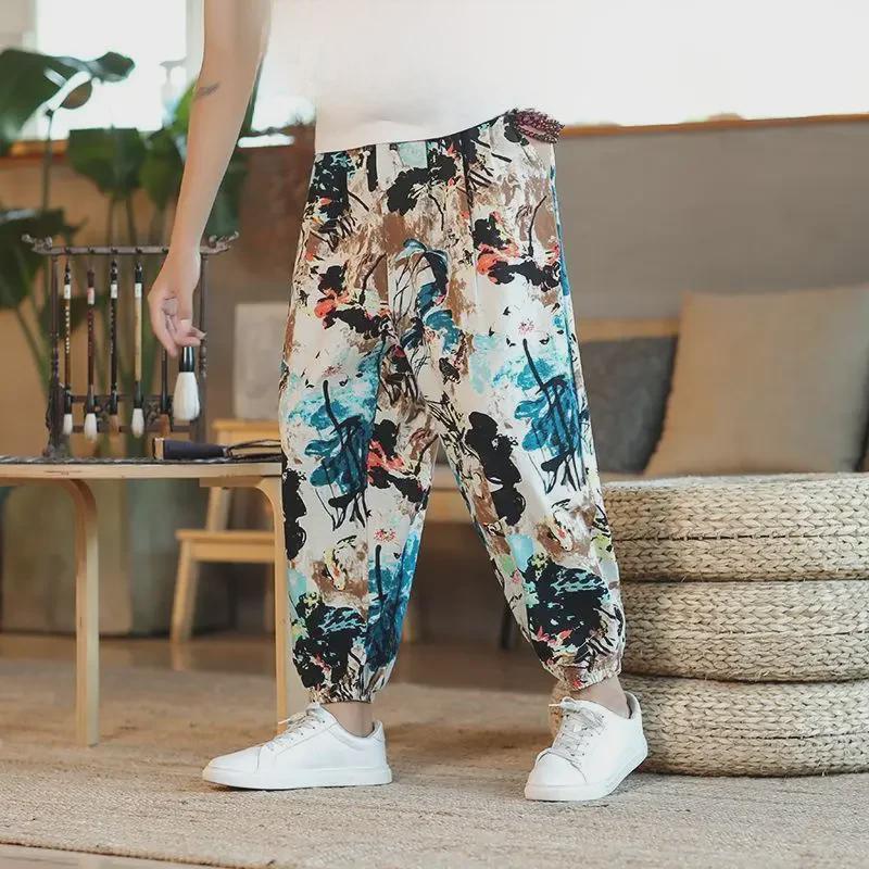Cashew Flower Men's Thai Linen Wide-Leg Nine-Point Summer Pants