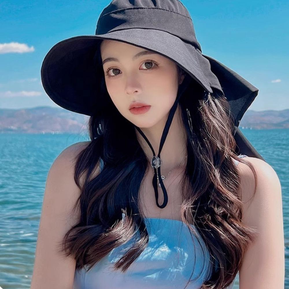 With Shawl Sunshade Bucket Hat with Ponytail Hole Aiti UV Fishman Hat New Design Bow Sun Hat  Beach