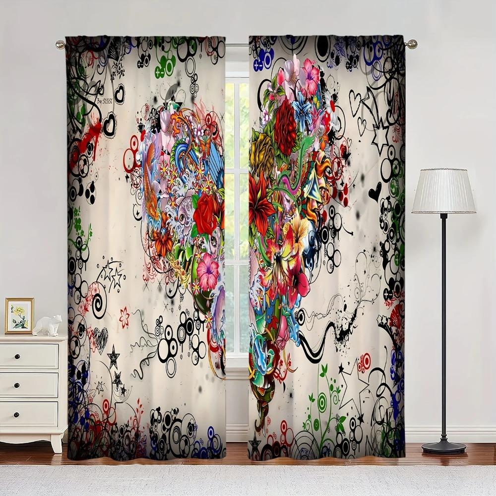2pc Colorful Bohemian Curtain Rod Pocket Hook Mount Digital Printed Curtain Polyester Material For Living Room Kitchen Bedroom