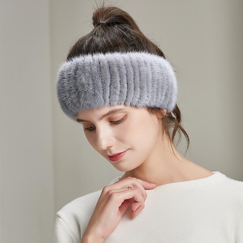 Hochwertiges Stirnband aus echtem Nerzfell für den Winter Damen Wollstrick Haarband Mädchen Kopf Ohrenwärmer Fabrik Handgemachtes Fell Stirnband graue