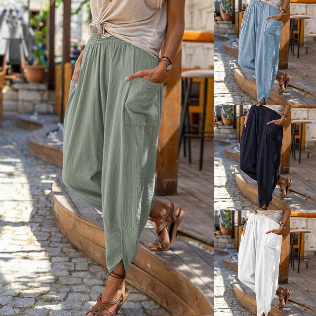 Women Spring Summer Vintage Boho Cotton Linen Beach Pants Female High Waist Solid Loose Pockets Trousers Casual Pantalones