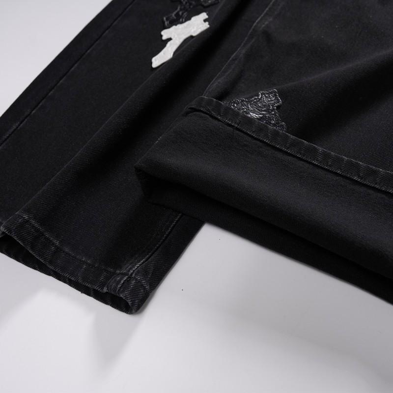 Black Washed Wide Leg Denim Pants With Contrast Cross Patch Embroidery Unisex Streetwear