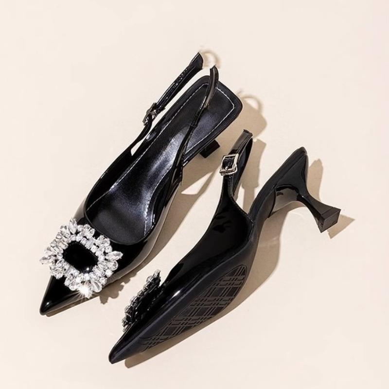 Fashion Summer Women Sandals New Women's Shoes Pointed Toe Shallow Nude Pink Diamond Shoes Low Heel Back Strappy  Women Dress Shoes