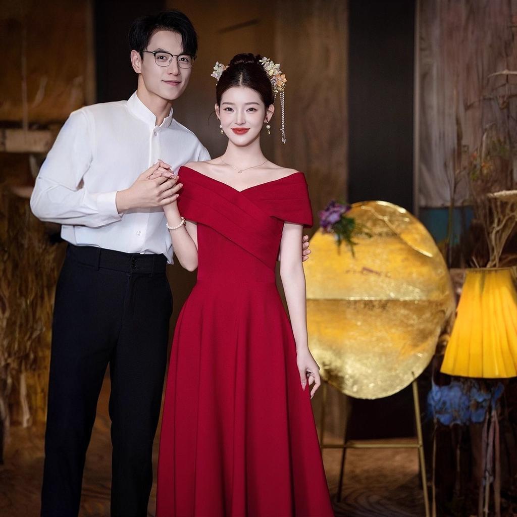 Long Toast Bride Autumn French High-end Sense Small High-end Evening Dress Engagement Red Dress Women