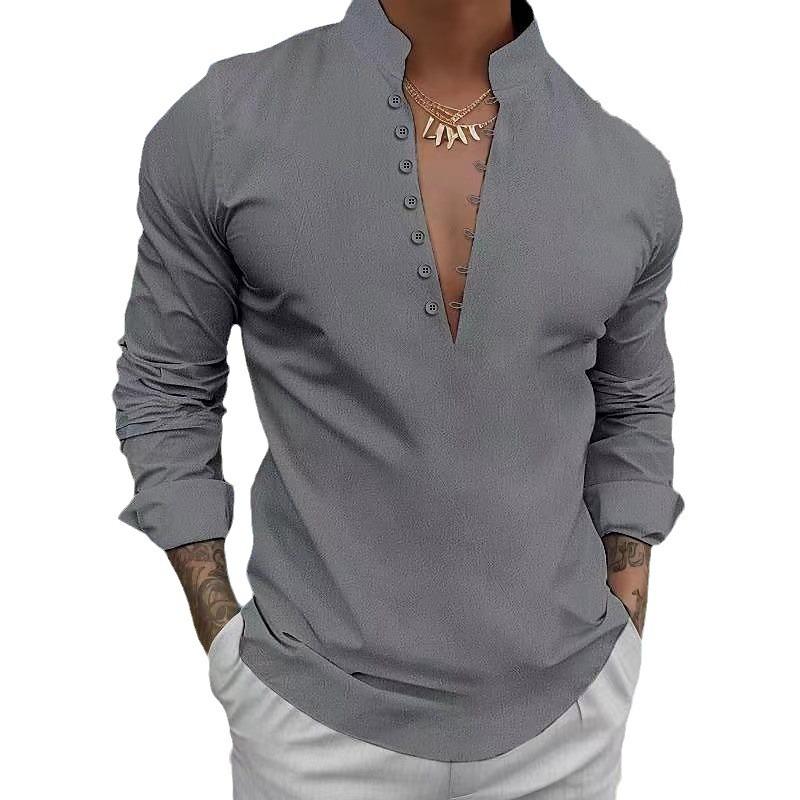 Herren Einfarbig Baumwolle Leinen Freizeit Langarm Poloshirt
