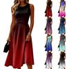 Women’s Sleeveless Crew Neck Casual Midi Dress Gradient Print Waist Pleated A-Line Summer Sundress for Daily Wear