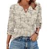 Women V Neck Loose Fit Three Quarter Sleeve Casual Top Button Detail Sleeve Blouse Lightweight Comfortable Fabric