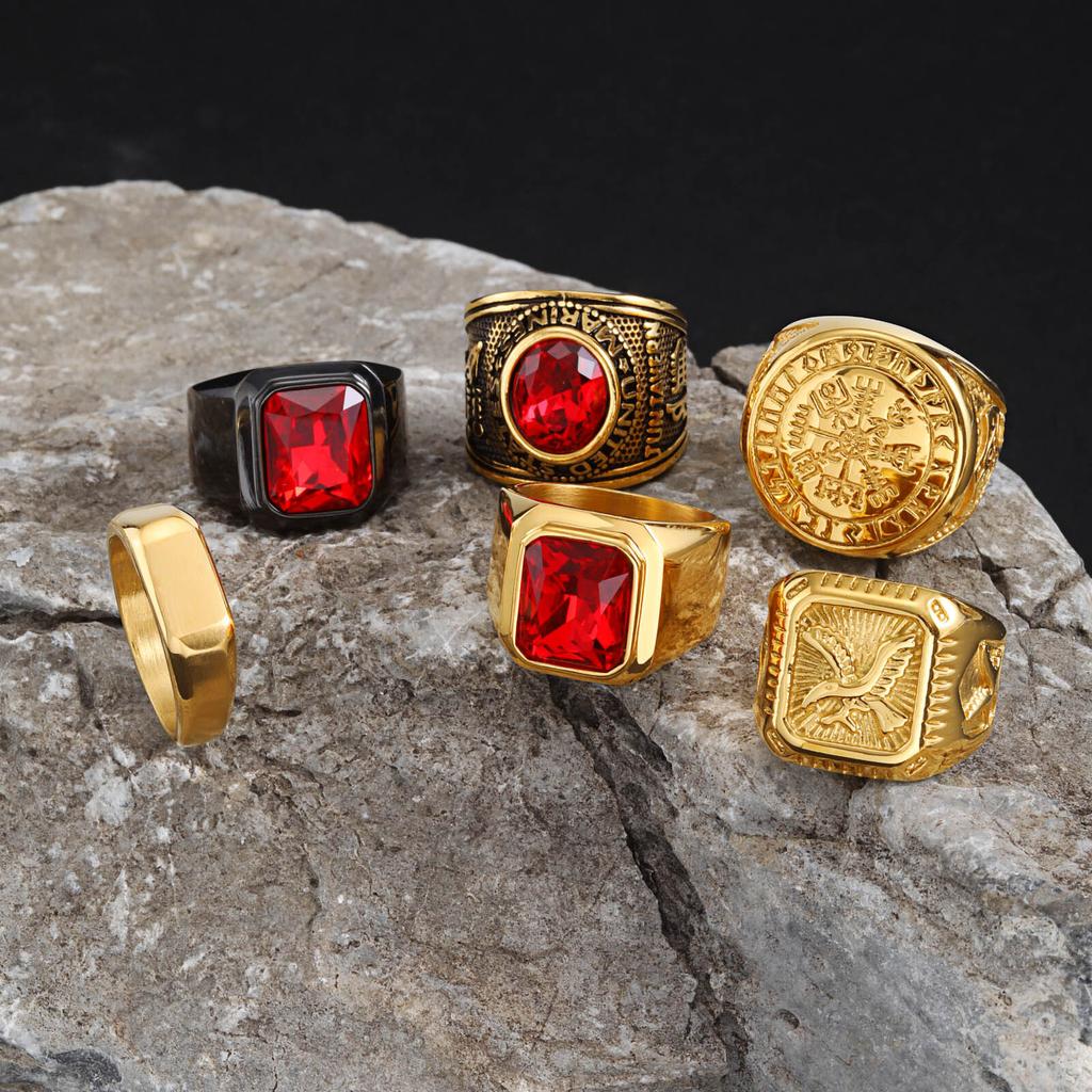 Vnox Punk Red CZ Stone Ring for Men, Gold Plated Stainless Steel Finger Band, Gothic Rock Square Metal Round Ring Jewelry Gifts