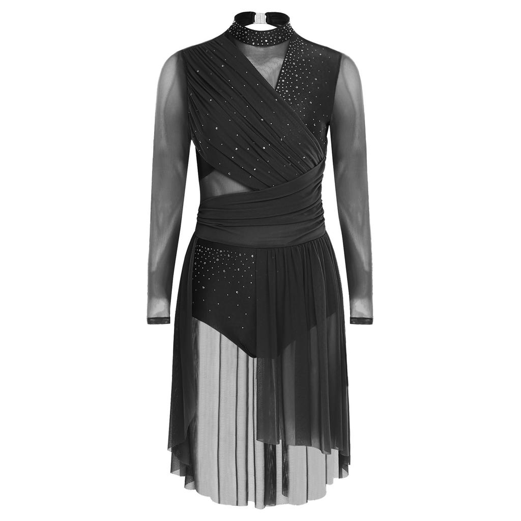 Dame Lyrisk Dansedrakt Langermet Rynket Ryggløst Design Glitrende Rhinsteiner Ett Stykke Draktdrakt