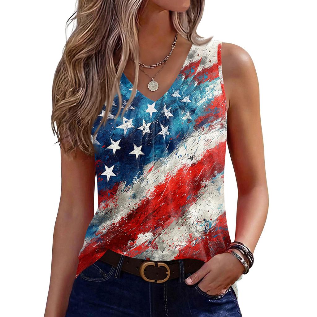 V-Neck Tank Top Women Print Tank Tee Casual Loose Fit Sleeveless Shirt