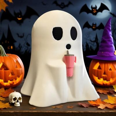 Halloweenská figurka ducha Strašidelný duch držící pohár Socha pro vnitřní výzdobu domova, kanceláře, stolu na Halloween