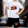 Boys 2 Piece Basketball Themed Printed Outfit, Short Sleeve T-Shirt and Shorts Set for Kids Age 5-14, White Sporty Casual Summer Clothes