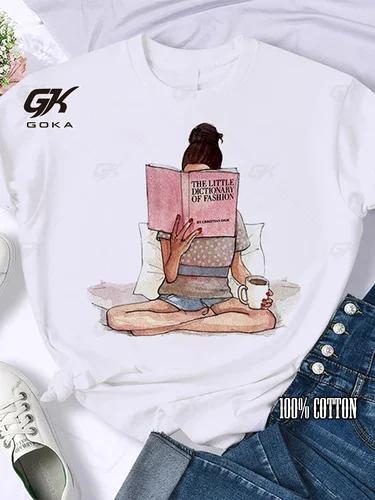 Coffee Books Brown Books American Retro Cotton T Shirt Woman Round Neck Half Sleeve T-shirts Printed Tops Woman Oversized Tees