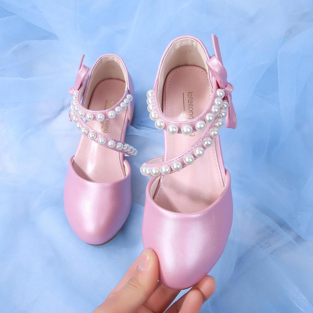Girls' Princess Pearl Leather High Heels – Korean Style Fashion Student Shoes