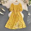 Fashion  Summer Flower Print Long Dress Women Vintage Square Neck Ruched Chest Split  Sundress Party