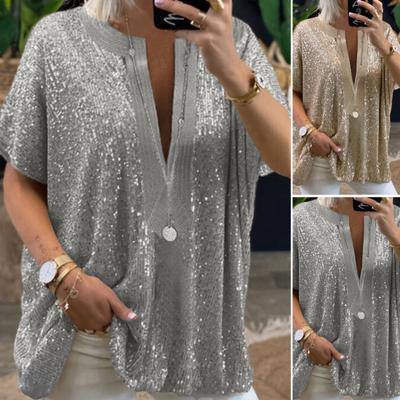 T-shirt Sequins Loose Female Women Short Sleeve Oversize Blouse for Daily Life