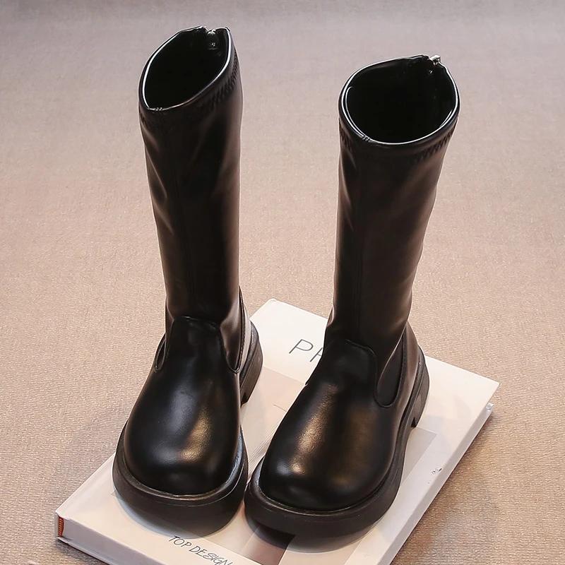 Children Long Boots Solid Color Knee-high Autumn Kids Boot Soft Pu Leather 26-36 Trendy Zipper Light Comfy All-match Girl's Shoe