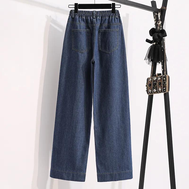 Women's Spring/Fall High-Waisted Straight-Leg Elastic Waist Jeans Plus Size Wide-Leg Pants