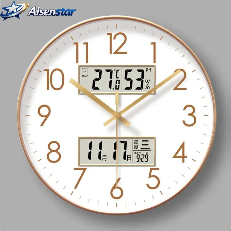 Modern Atomic Wall Clock Temperature Digital Calendar Analog Silent Wall Clock Round Non-Ticking Wall Clock for Office Bedroom