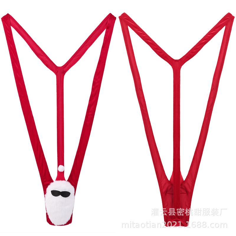 European & American Santa Claus Men's Erotic Lingerie: Sexy Deep V Strappy Bodysuit