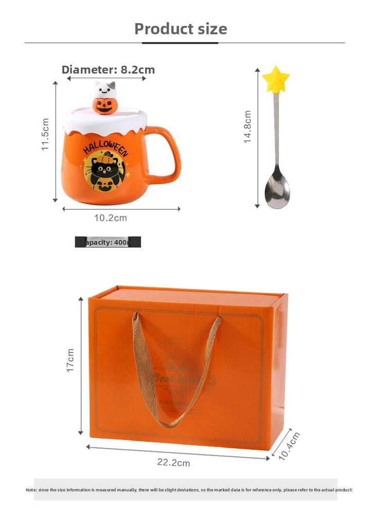 New 400ML Tea Mug Set with Lid Spoon for Water Juice Cute Cat Ghost Orange Halloween Ceramic Coffee Cup