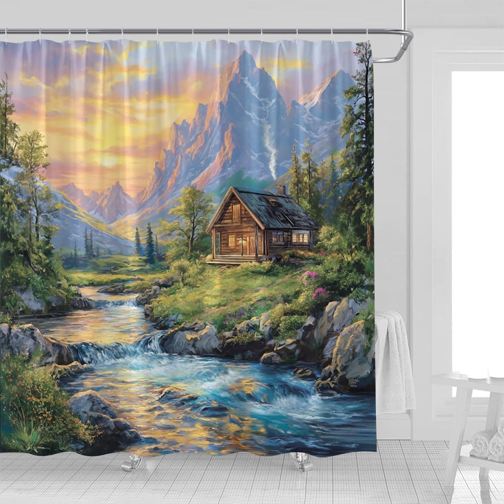 Annier Rustic Cabin Shower Curtain Forest Mountain Waterfall Floral Sunset Natural Scenery Country Lake House Lodge Landscape Fabric