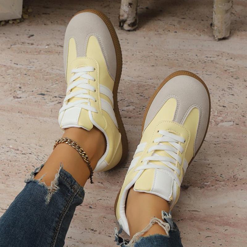 Fashion Light-Yellow Striped Sneakers for Women Spring Autumn Lightweight Walking Sports Shoes Woman Lace Up Vulcanize Shoes Lady