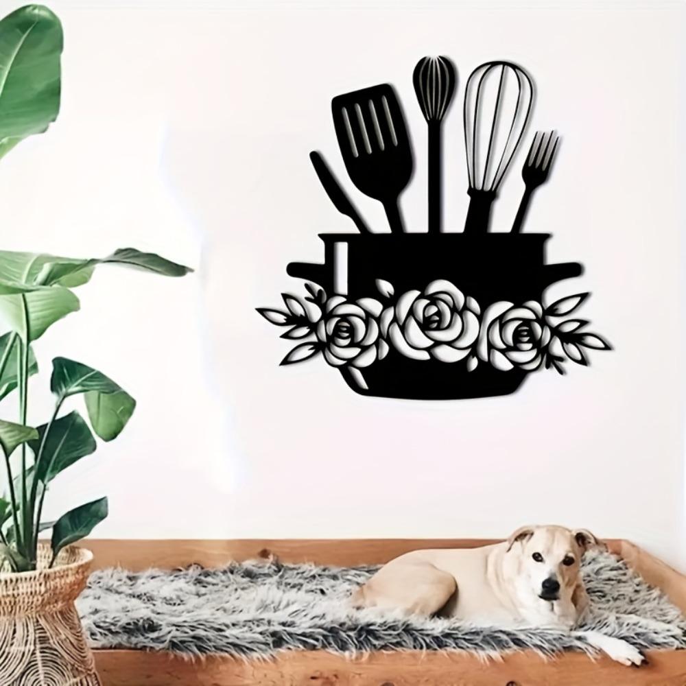 Metal Wall Art Kitchen Decor Black Iron Floral Utensils Durable Easy Install