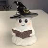 Bedside Atmosphere Light Halloween Ghost Figurine with LED Light Resin Witch Hat Statue Niche Aesthetic Ornament Guitar/Book Cute Luminous Sculpture