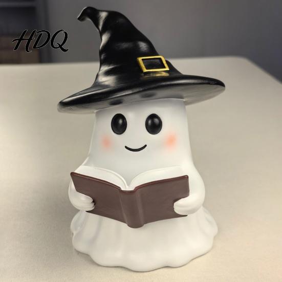 Bedside Atmosphere Light Halloween Ghost Figurine with LED Light Resin Witch Hat Statue Niche Aesthetic Ornament Guitar/Book Cute Luminous Sculpture
