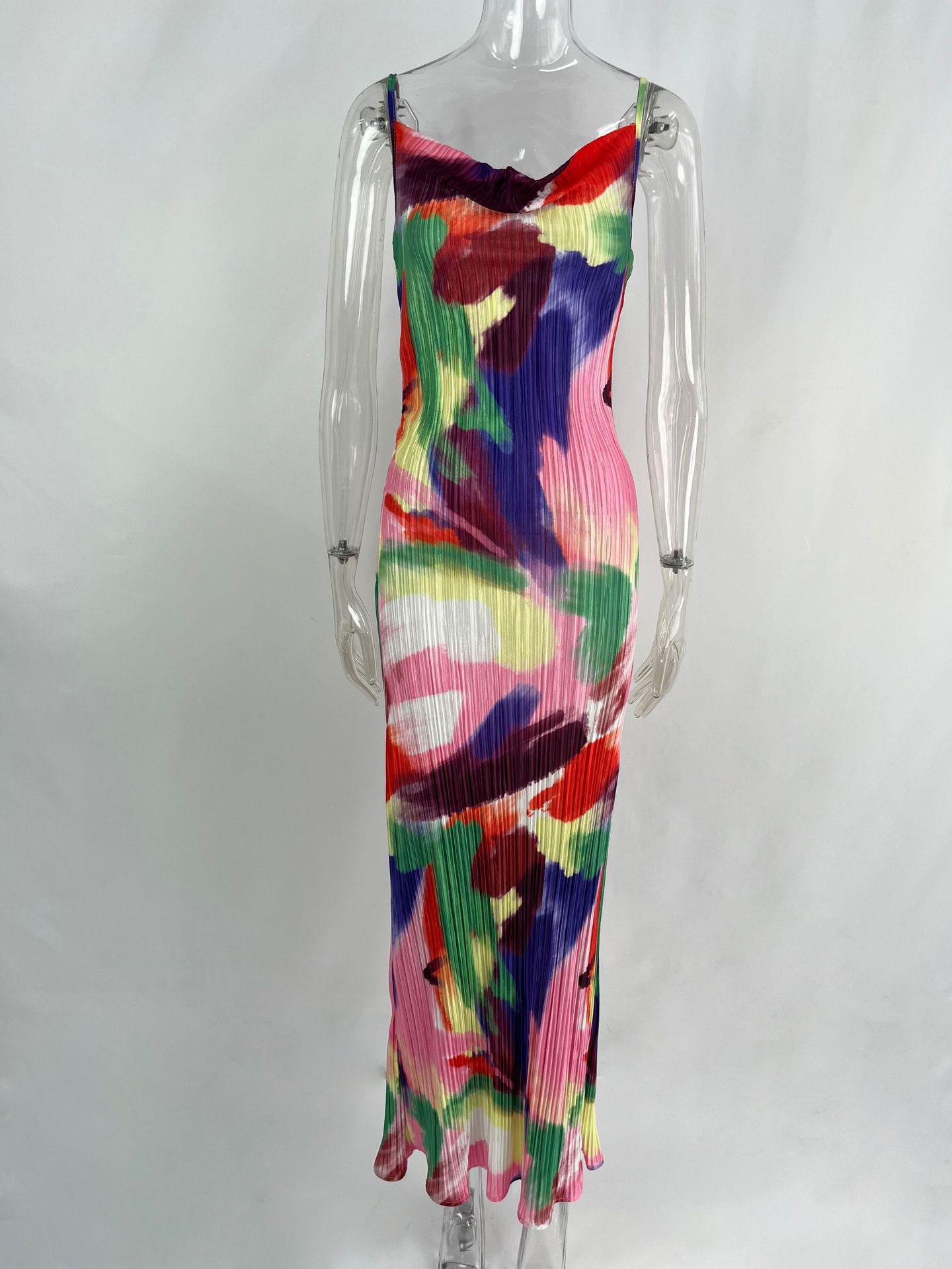 

Printed Pleated Slimming Camisole Dress - European & American Style Small
