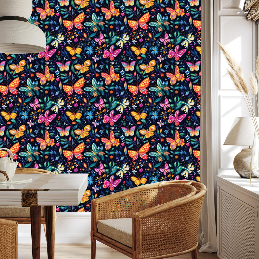 Wallpaper Colorful Butterflies Navy Blue, Turquoise and Black 50x1000